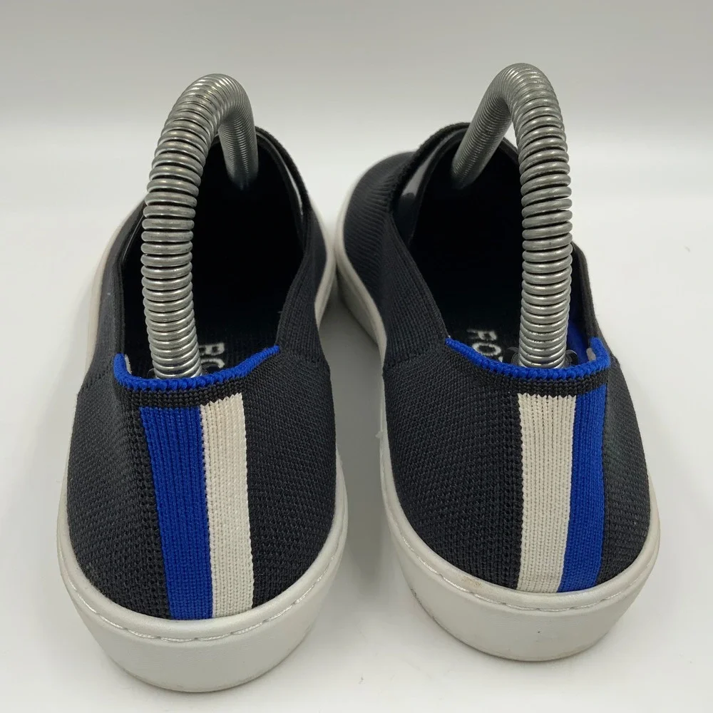 Rothys The Sneaker Black Knit Slip On Shoes Blue Stripe Women 7